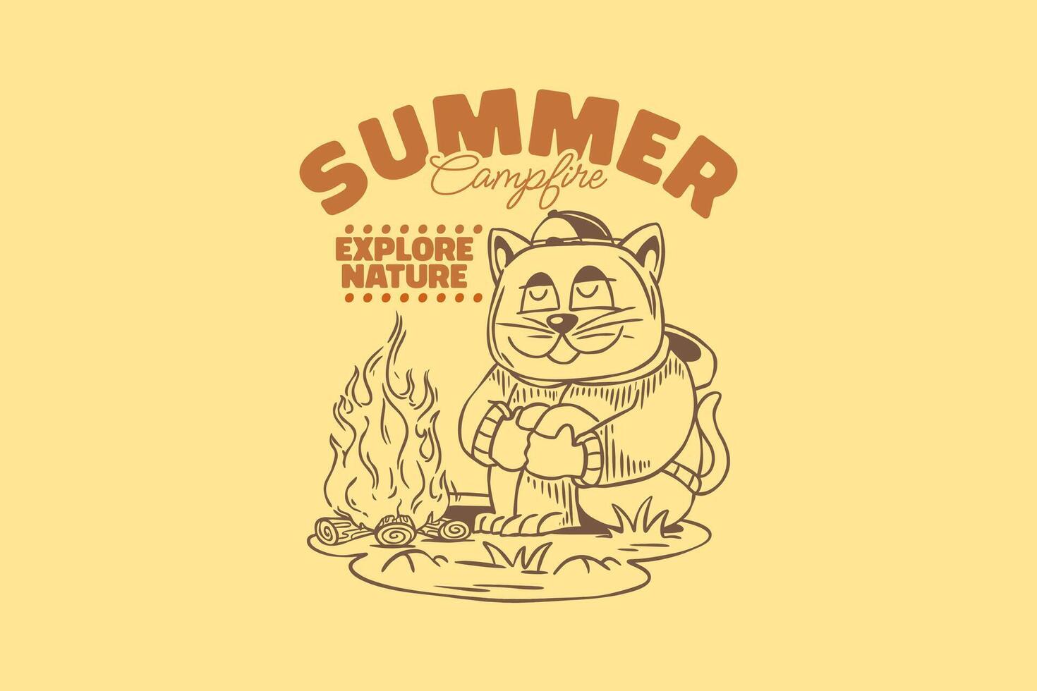 Retro summer outdoor illustration for apparel. Cat adventure graphic tee. Vintage camping cat t-shirt design for print. Perfect for cat lovers. vector