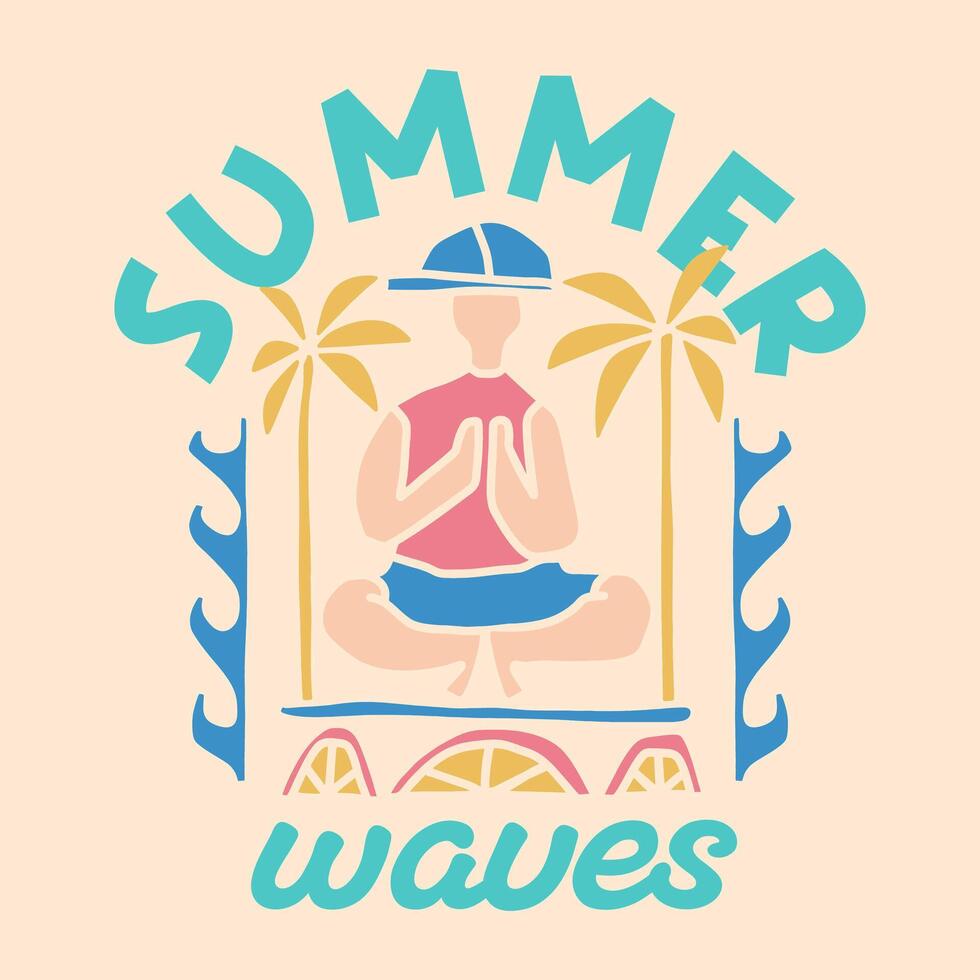 Summer waves Bohemian aesthetic summer graphic, Vintage boho summer beach design, Summer paradise t-shirt design, Colorful summer beach poster vector