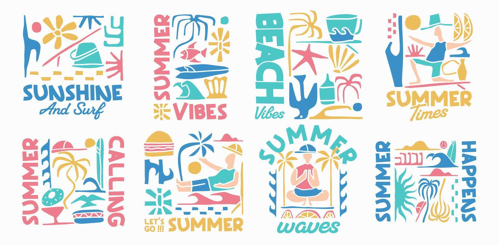Vintage boho summer beach design set, Summer paradise t-shirt design bundle, Colorful summer beach poster collection, Aesthetic bohemian summer packs vector
