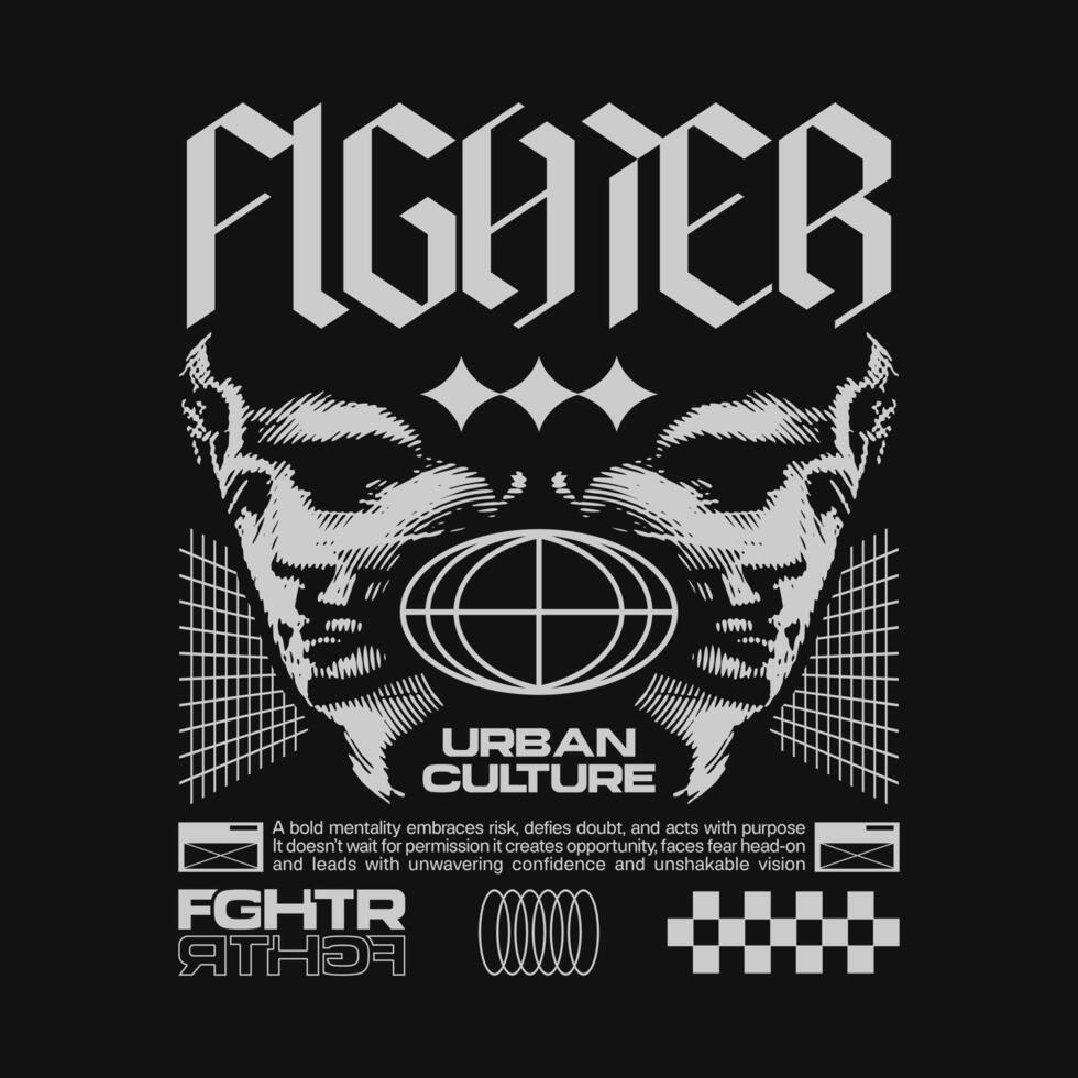 Graphic t-shirt streetwear design for print, with futuristic geometric brutalism and urban apparel style, plus urban culture typography for poster and tee. vector