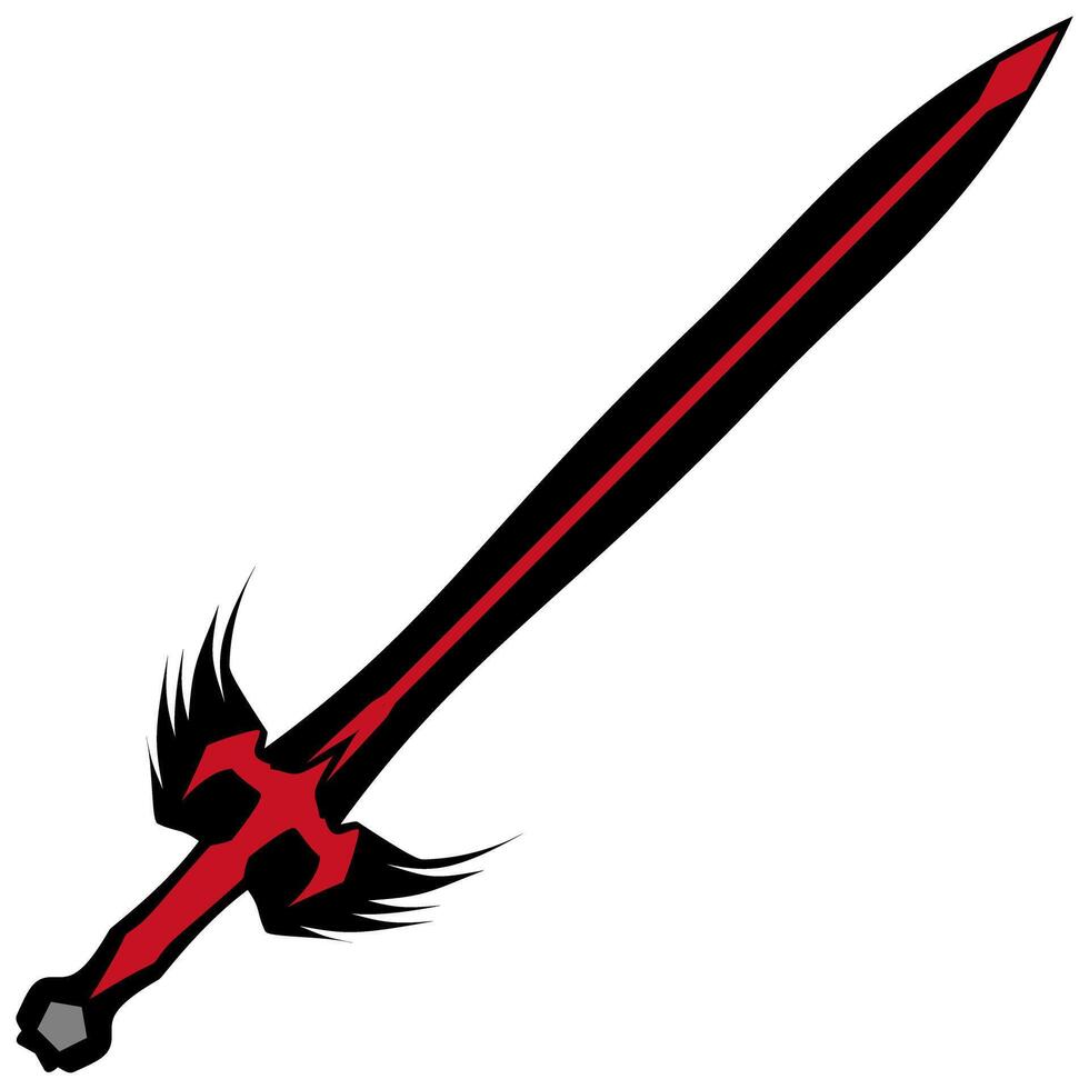 A stylized sword with a black blade and red accents is presented against a clean transparent background, creating a bold, isolated graphic element ideal for fantasy game design. vector