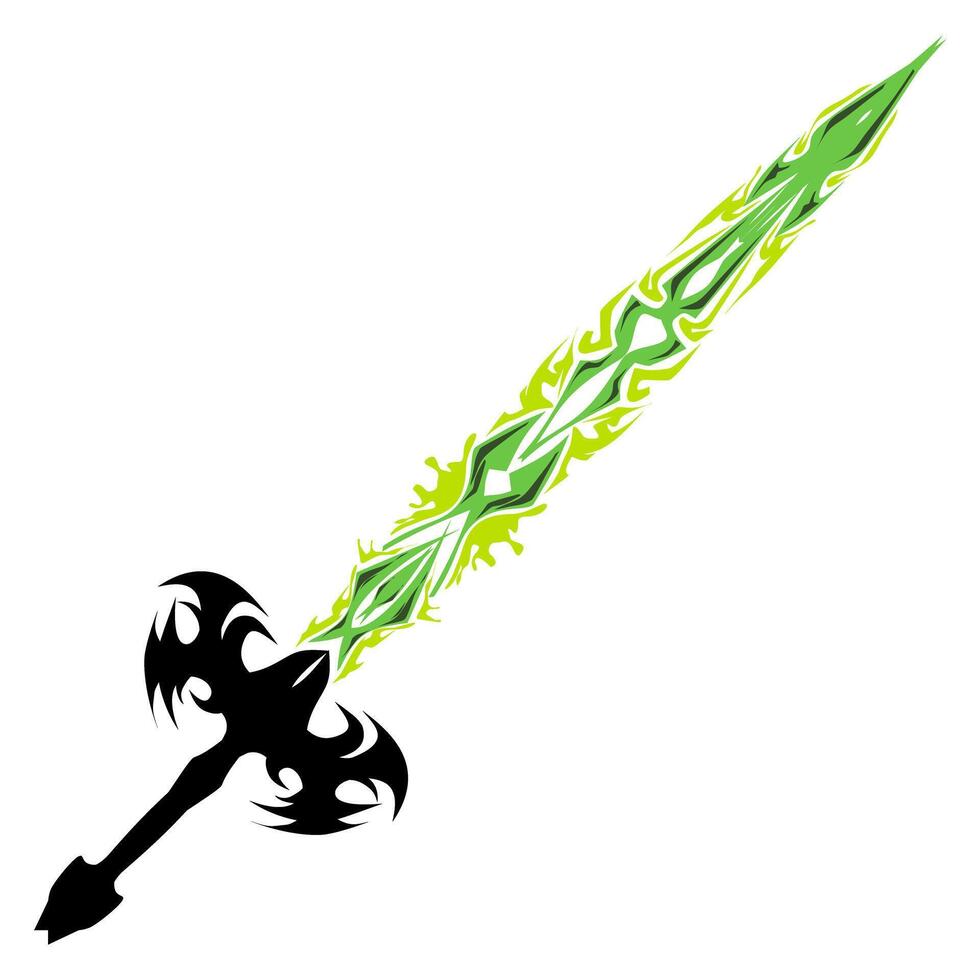 Ornamental sword with an elongated green blade design and an intricate black hilt presented against a transparent backdrop conveys a fantasy aesthetic, ideal for gaming concepts. vector