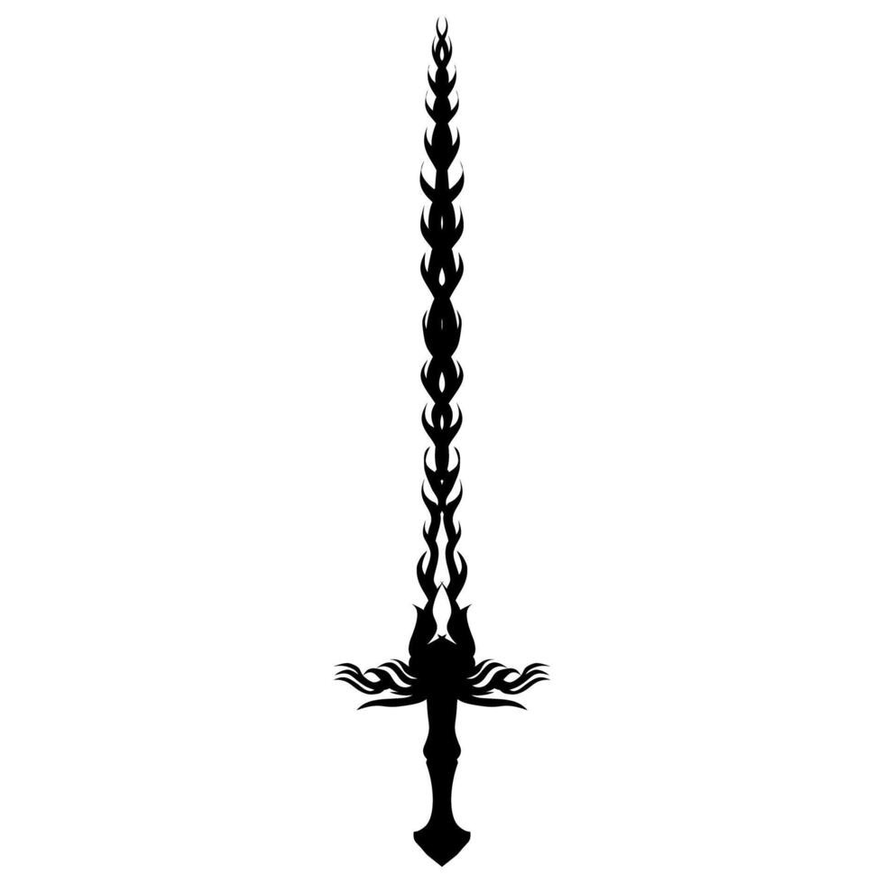 Detailed black sword silhouette features flame-like embellishments, creating a dramatic and mystical feeling against a clean transparent background, suitable for fantasy or artistic themes. vector