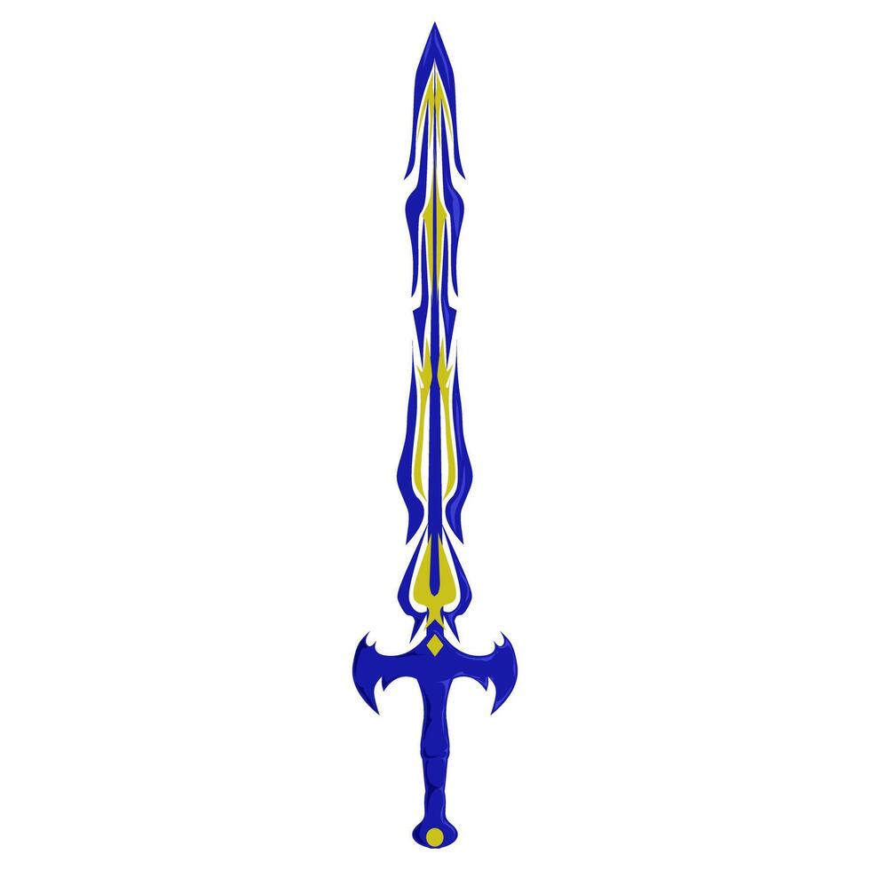An ornate sword, colored in blue and yellow, is centered on a clean transparent background, providing a fantasy and decorative vibe suitable for gaming concepts. vector