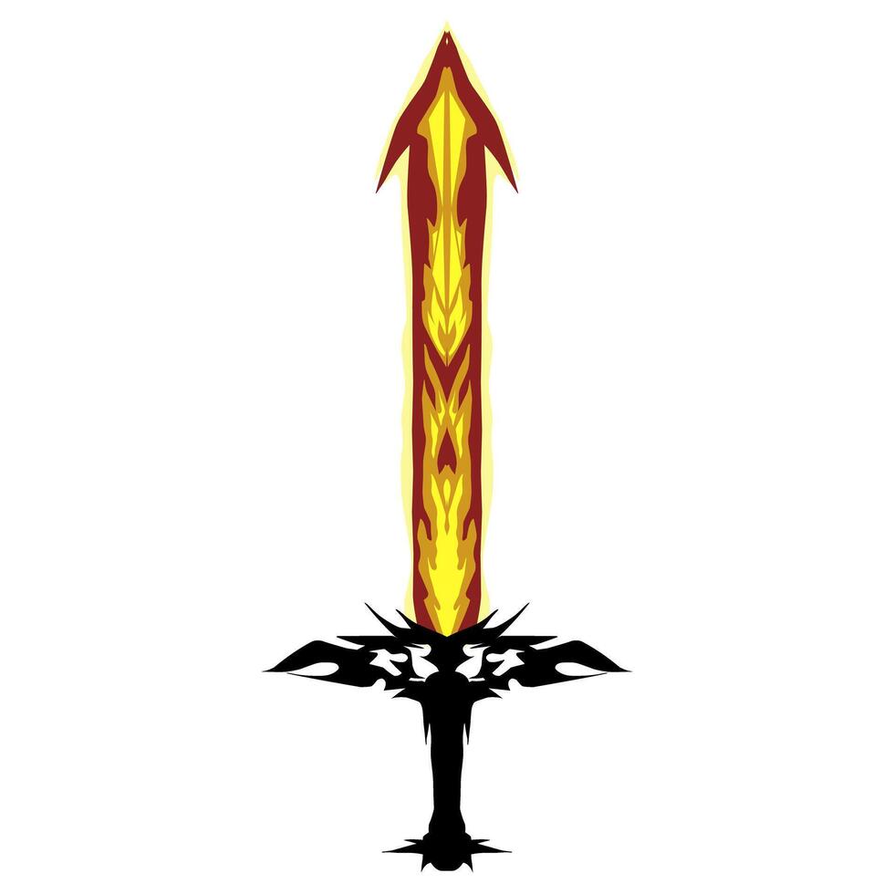 Stylized sword with a flame-like blade in yellow and red and an ornate black hilt stands dramatically against a transparent backdrop, ideal for fantasy-themed designs. vector