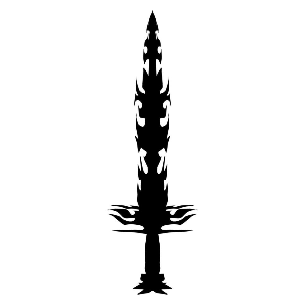 Silhouette of ornate sword stands out in strong black against a clean transparent backdrop, offering dramatic, fantasy-themed aesthetic suitable for gaming or graphic design projects. vector
