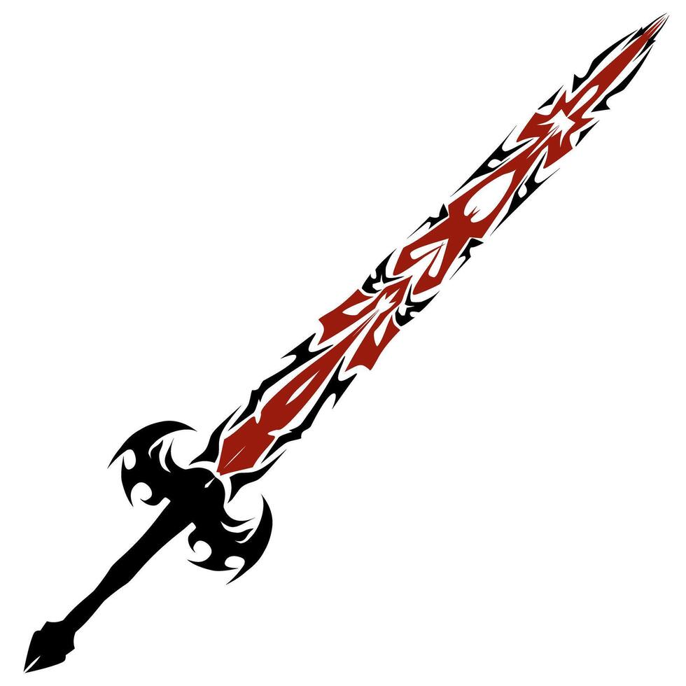 Stylized red and black sword illustration featuring intricate tribal patterns and a decorative hilt, creating a dramatic and powerful image perfect for fantasy game or design projects. vector