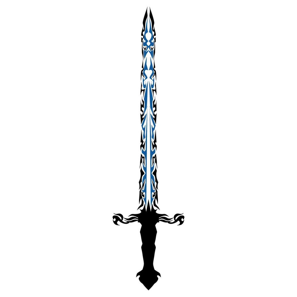 Elaborate sword with swirling black hilt and striking blue blade design is isolated against a transparent background, creating a bold, decorative image for fantasy-themed projects. vector