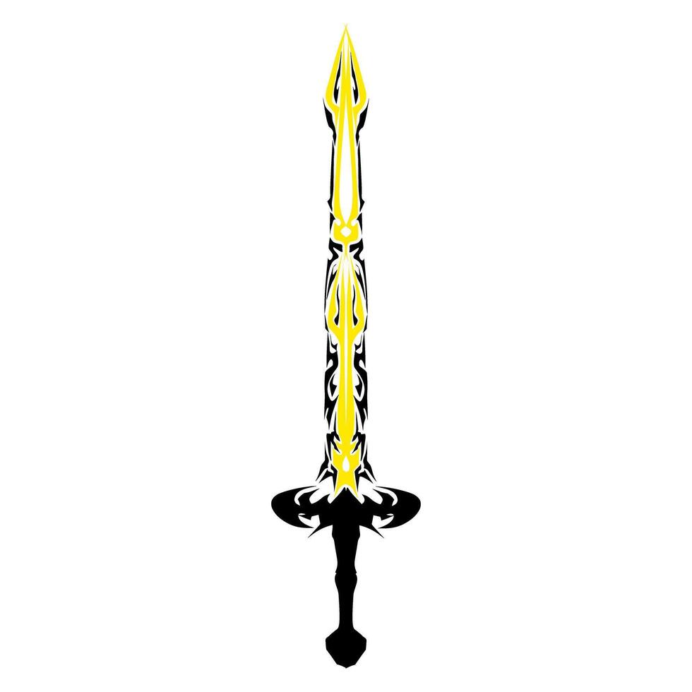Isolated sword illustration with intricate black tribal patterns and yellow accents stands against a transparent backdrop, creating a bold, stylized graphic for fantasy and design. vector