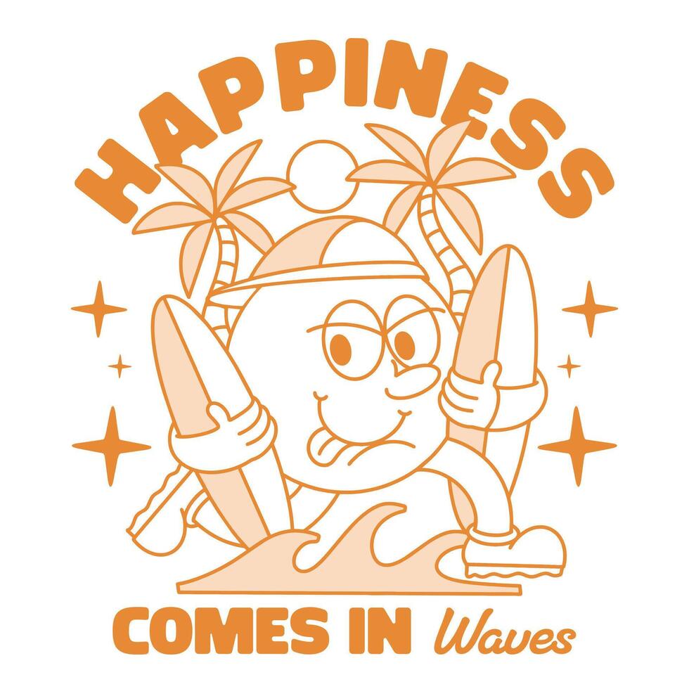 Happiness comes in waves, Cartoon character graphic tee. Summer retro design for print. Old school groove beach cartoon. vector
