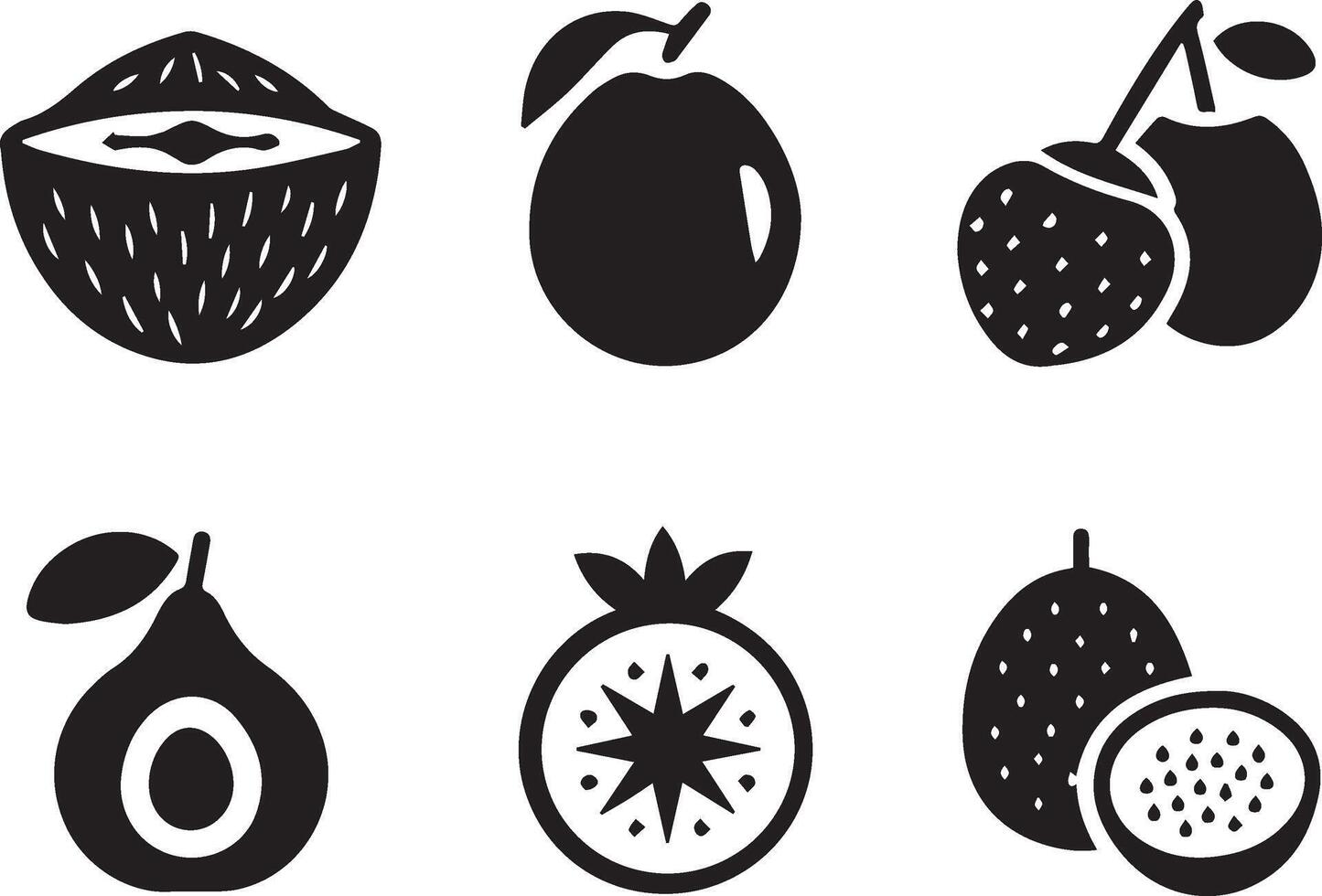 Flat Black Set of Six Unique Tropical Exotic Fruits vector