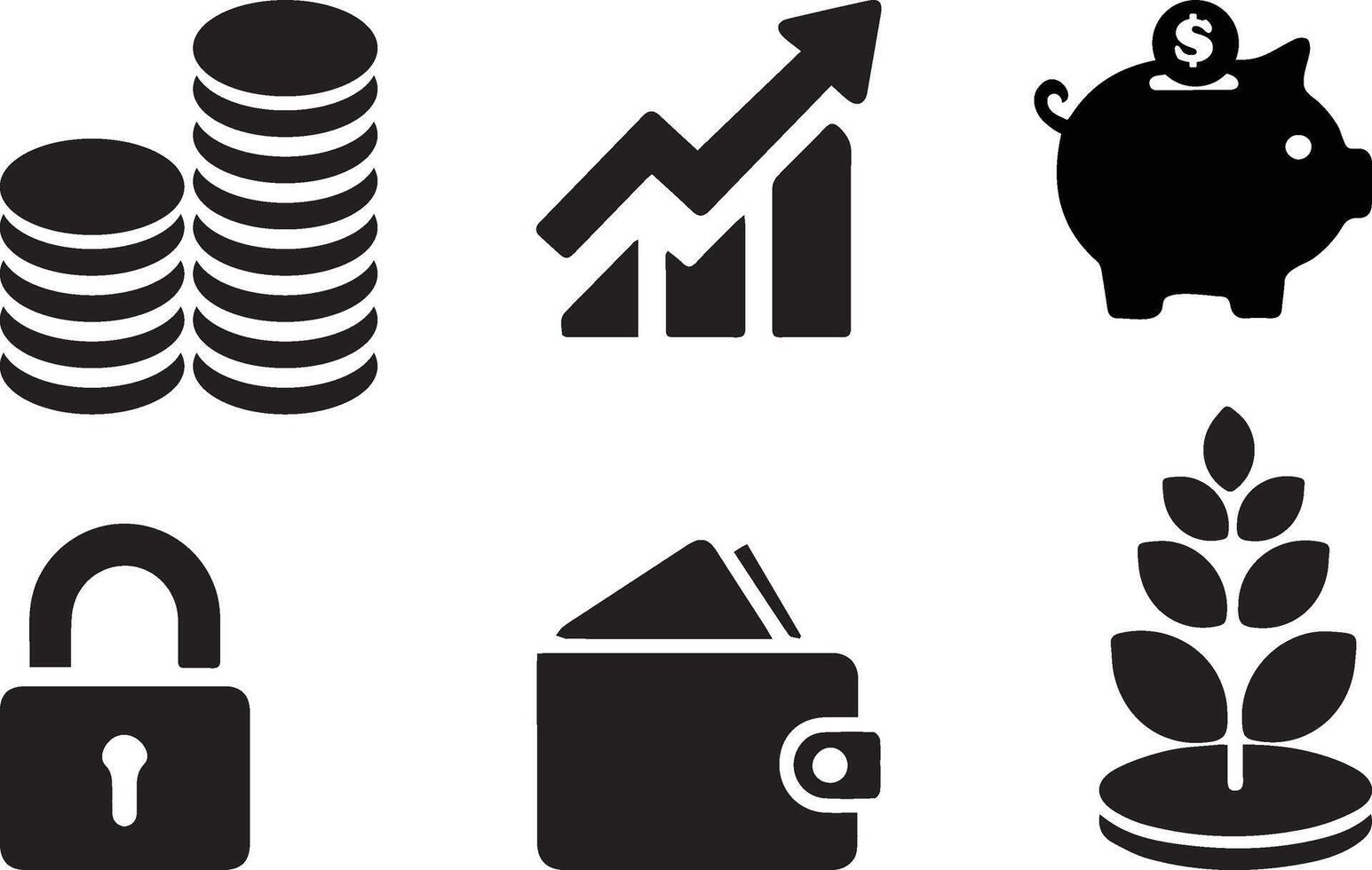 Investment and business icon set, flat black silhouette vector