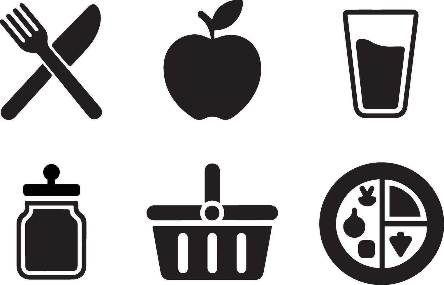 Minimalist Kitchen Icon Set Featuring Food, Utensils, Basket, Water Glass vector