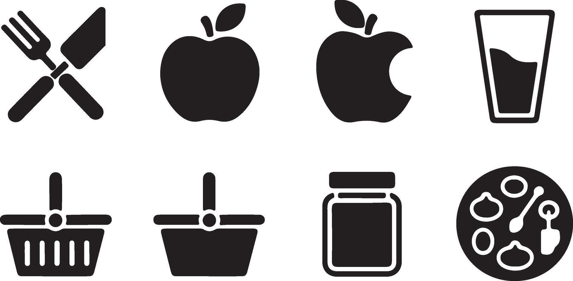 Healthy Lifestyle Icons Including Fork, Apple, Plate, and Jar vector