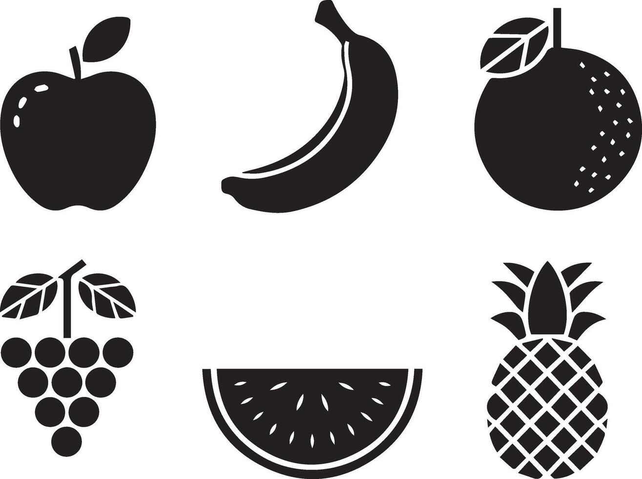 Minimalist Fruit Silhouettes Featuring Apple, Banana, Orange, Grapes, Watermelon, Pineapple vector
