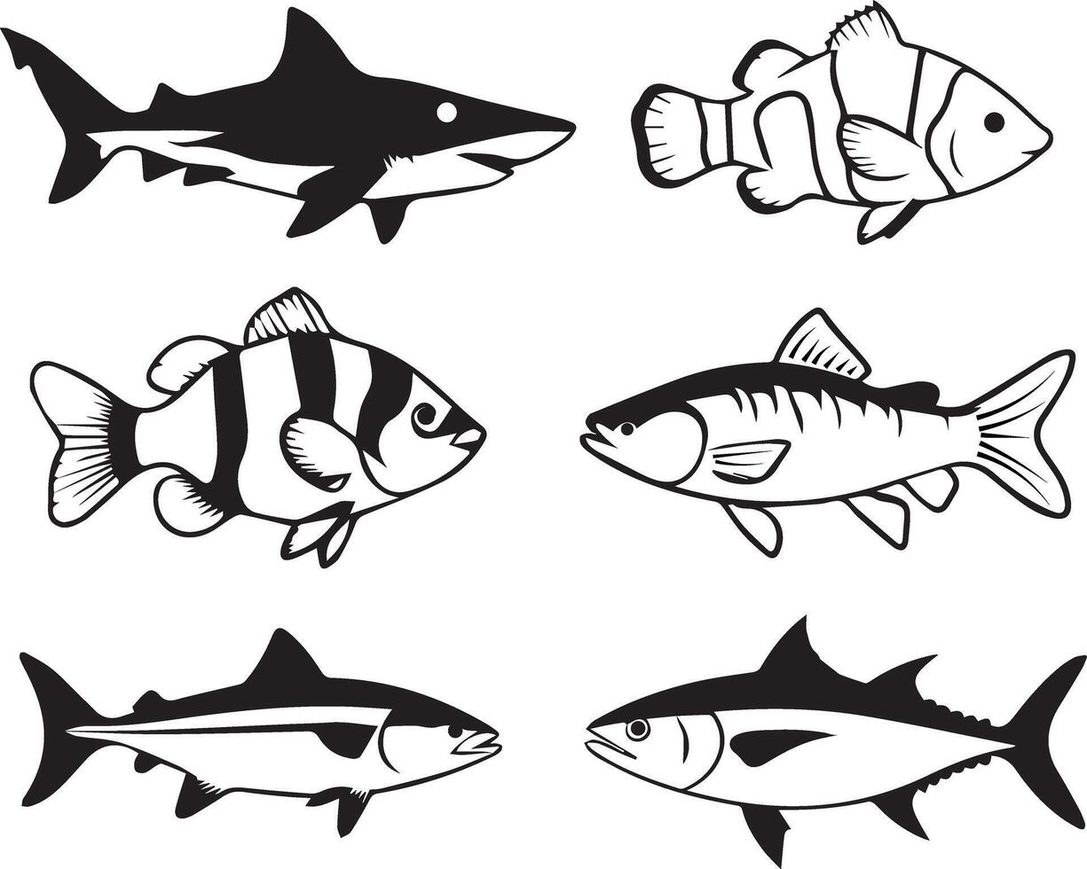 Diverse Marine Life, Simple Black and White Fish Icon Collection vector
