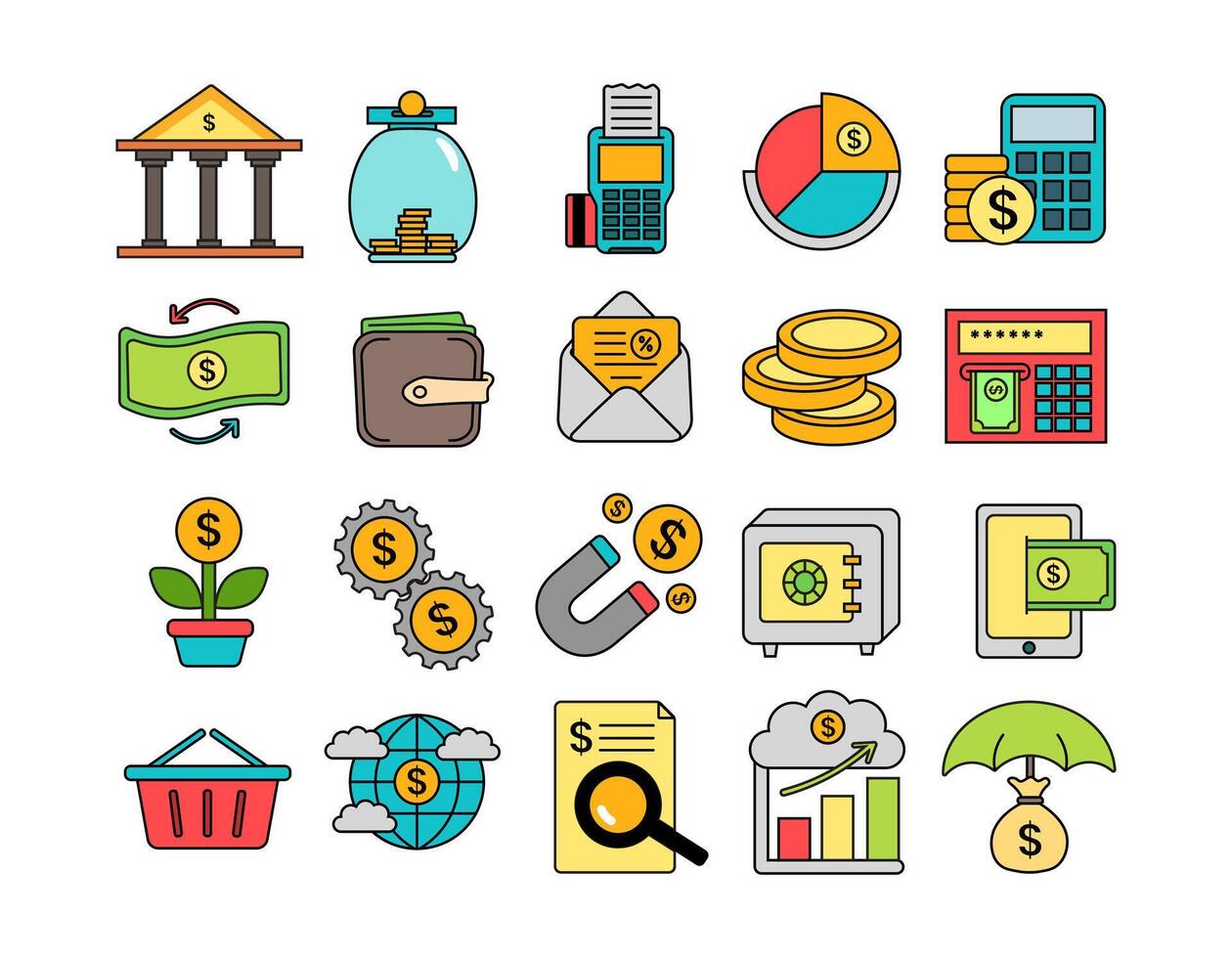 Colorful financial icons and symbols vector
