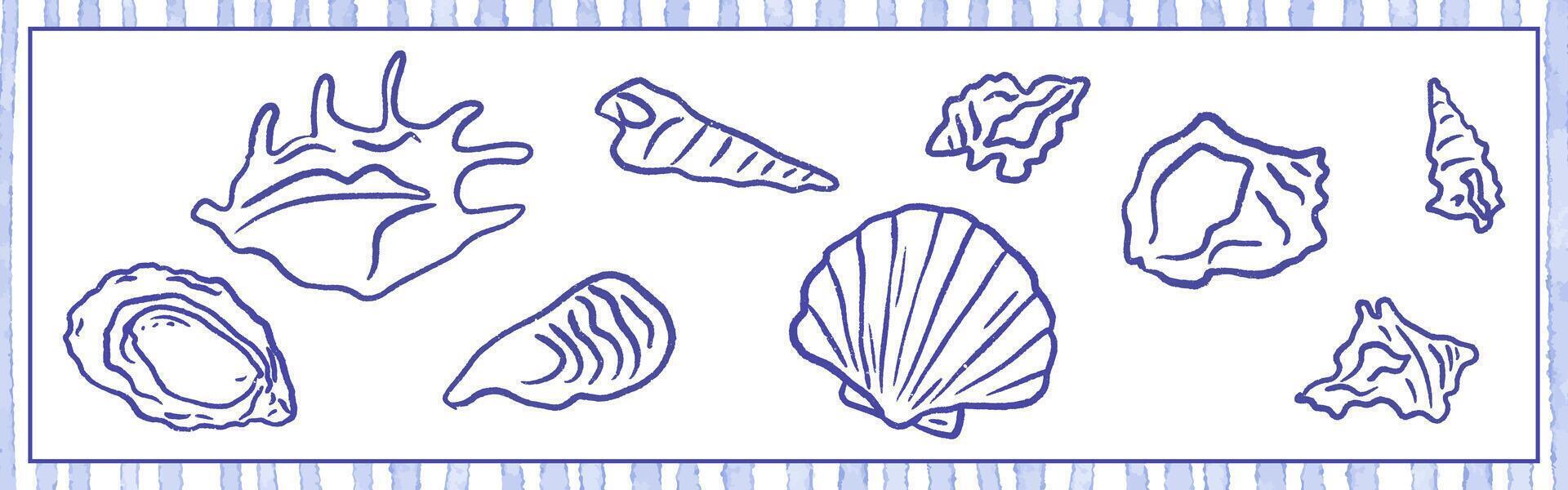 Coastal shell collection inspired by Mediterranean seaside walks, featuring scallop, oyster, spiral, clam and sea snail forms. illustration in casual crayon sketch style for print and decor. vector