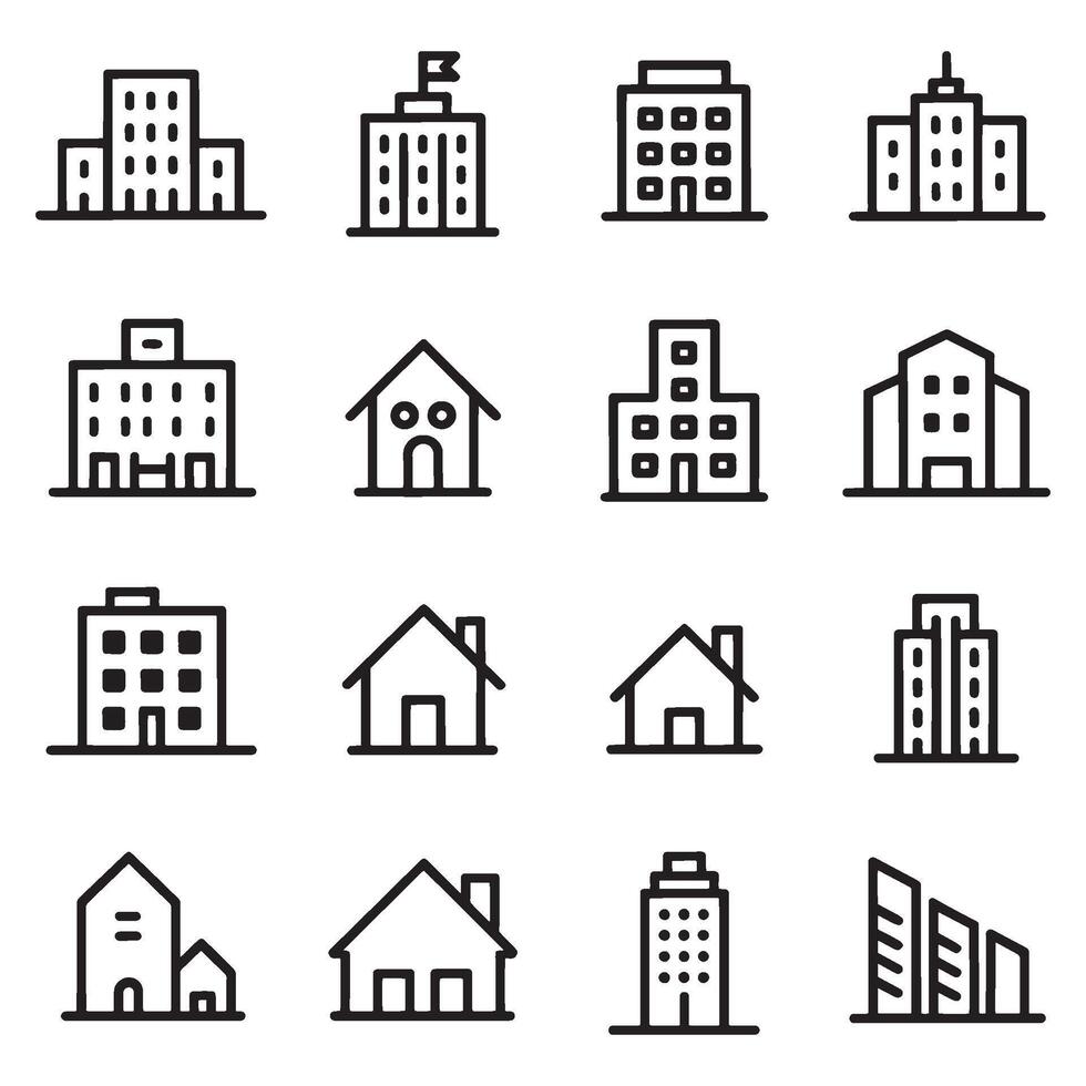 Collection of Minimalist Building and House Icons Representing Architecture and Real Estate Designs on a White Background vector