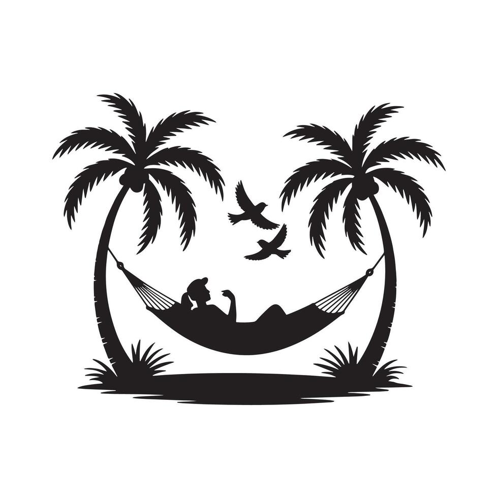 Silhouette of a Woman Relaxing in a Hammock Between Two Palm Trees with Birds Flying Overhead Artistic Graphic vector