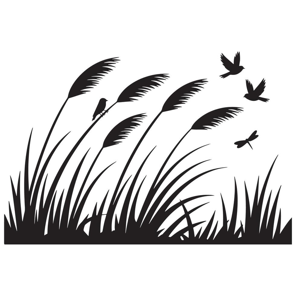 Monochrome Silhouette Illustration Serene Nature Scene Featuring Reeds, Birds, and a Dragonfly Creating Peaceful and Minimalistic Artwork vector