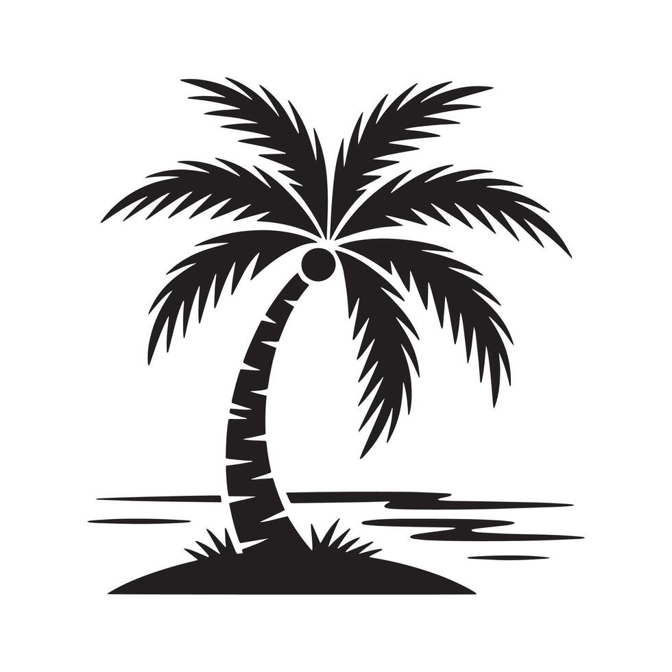 Monochrome Silhouette of a Palm Tree on an Island Surrounded by Water Featuring Lush Fronds and Distinct Trunk Pattern vector
