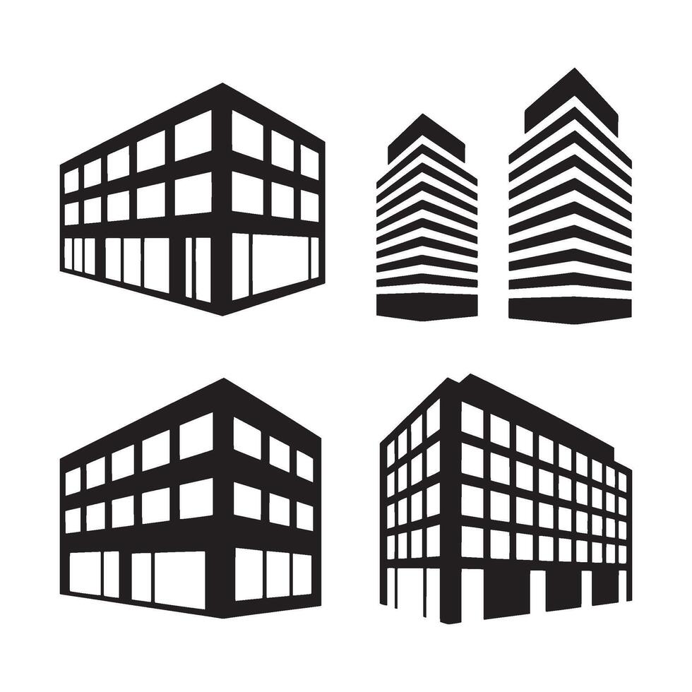Architectural Building Silhouettes Showcase Urban Structures in Black and White Minimalist Design with Clean Modern Lines and Geometric Forms vector