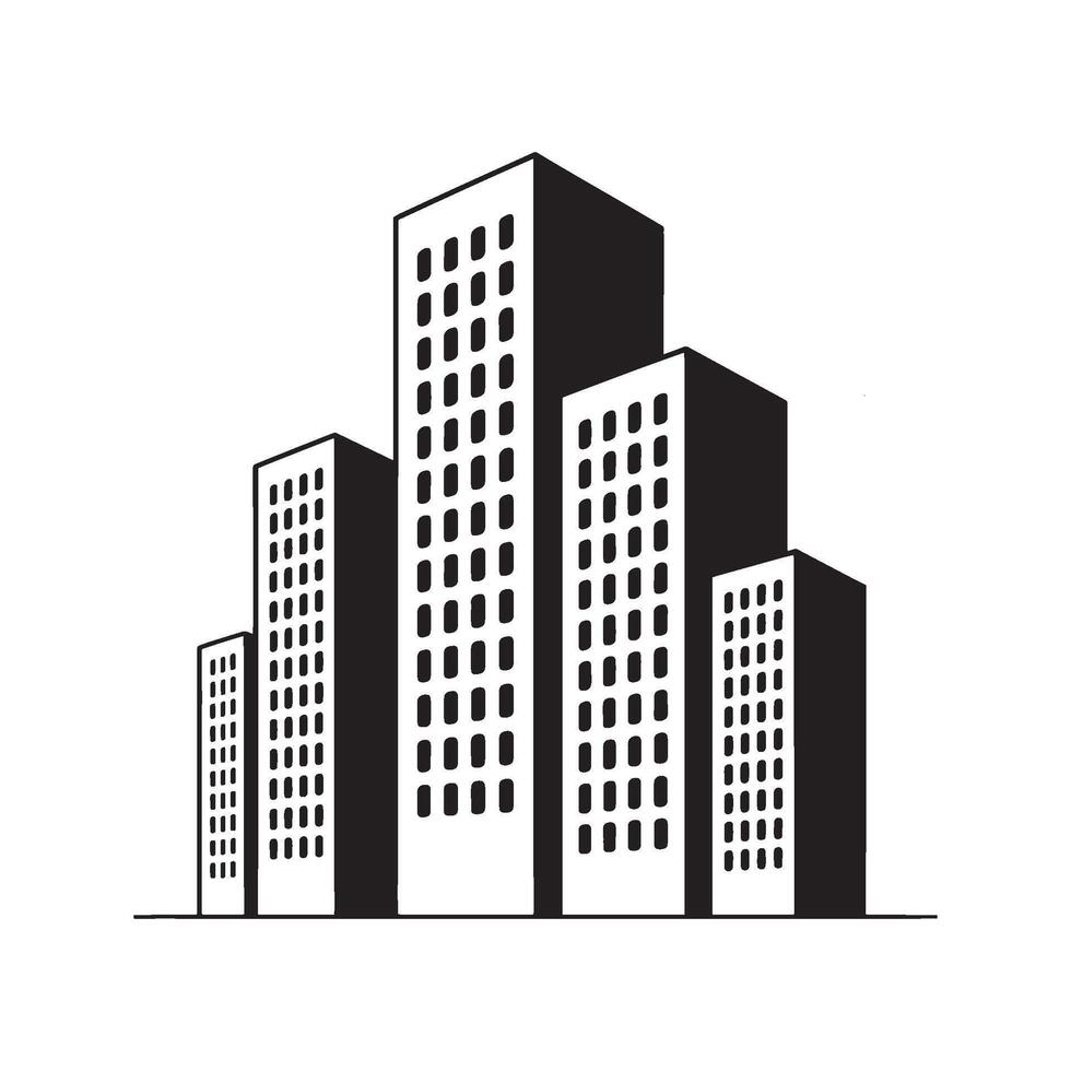 Monochromatic Cityscape Illustration Depicting a Cluster of Buildings With Rectangular Windows in a Simple Black and White Design vector