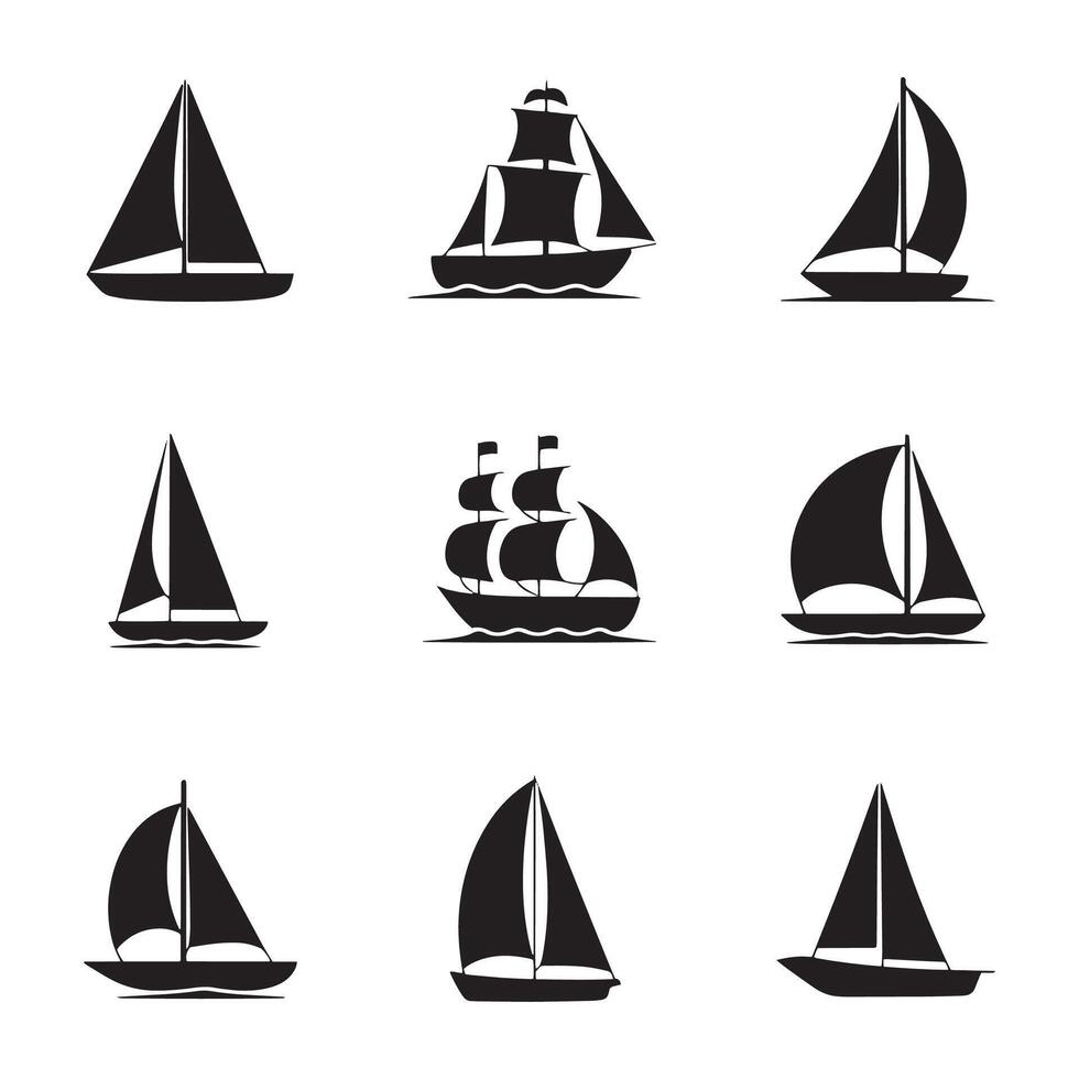 A Variety of Silhouetted Sailing Vessels Displayed in Neat Rows Black and White Marine Art vector