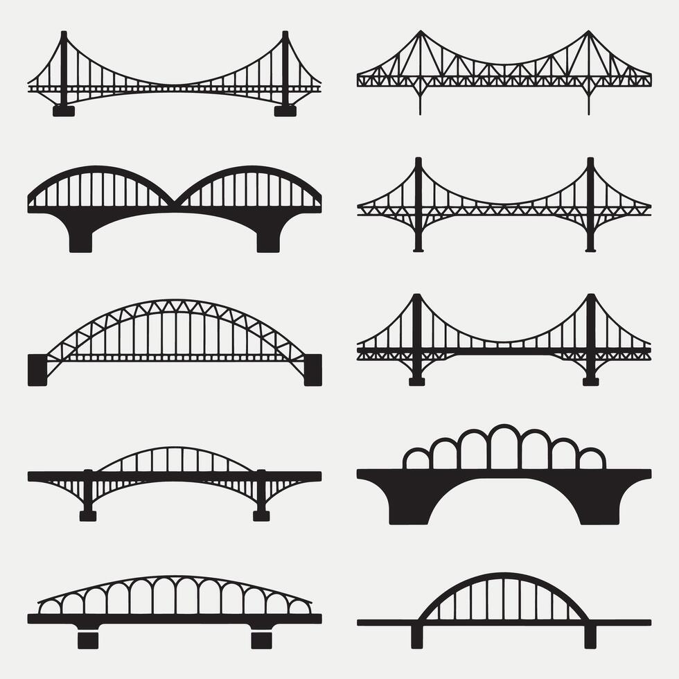 Collection of Bridge Silhouettes Diverse Architectural Styles and Designs Depicted in Simple Graphic Form Illustrating Engineering and Urban Landscape vector