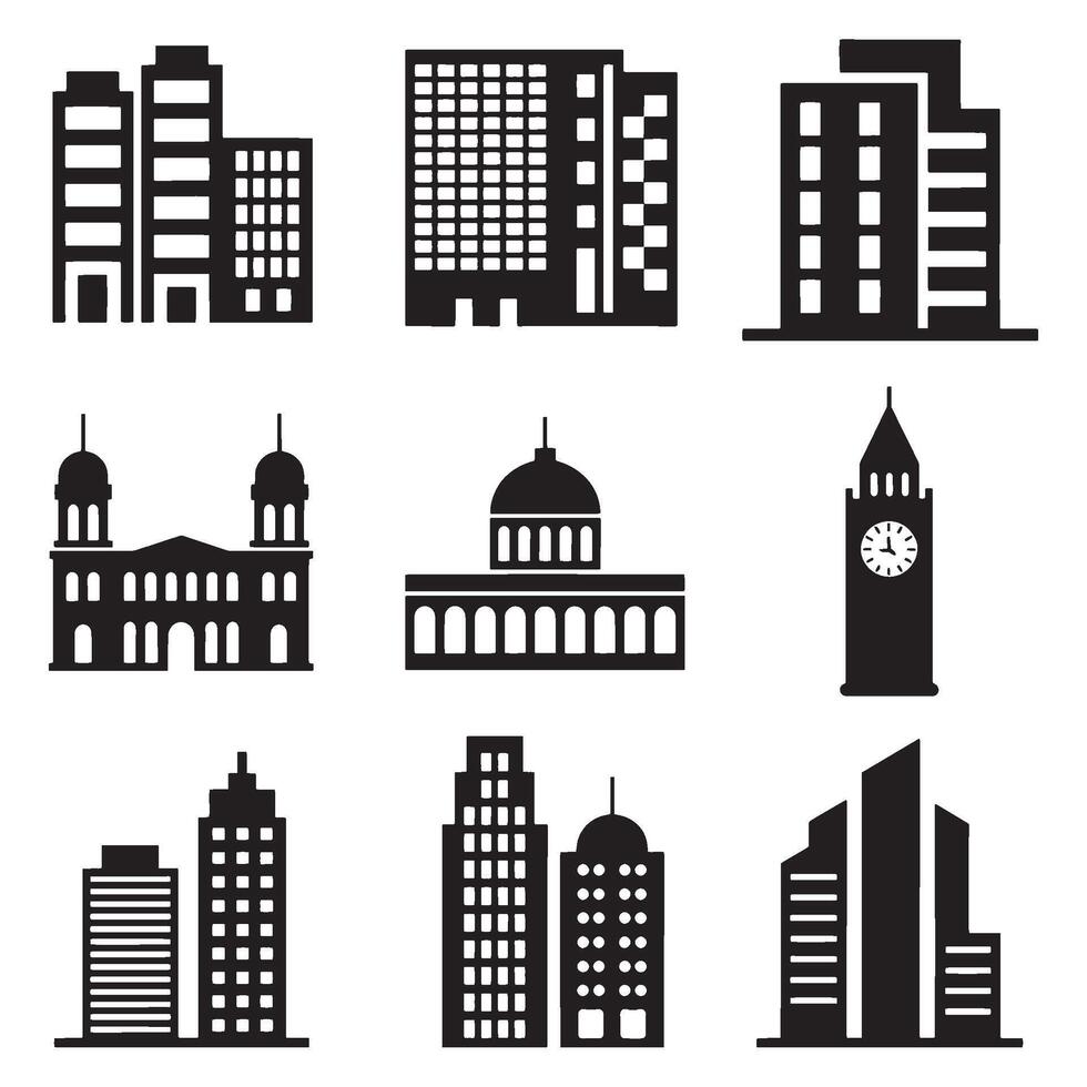A Collection of Building Silhouettes Ranging from Skyscrapers to Government Buildings Featuring Varied Architectural Styles and Designs vector