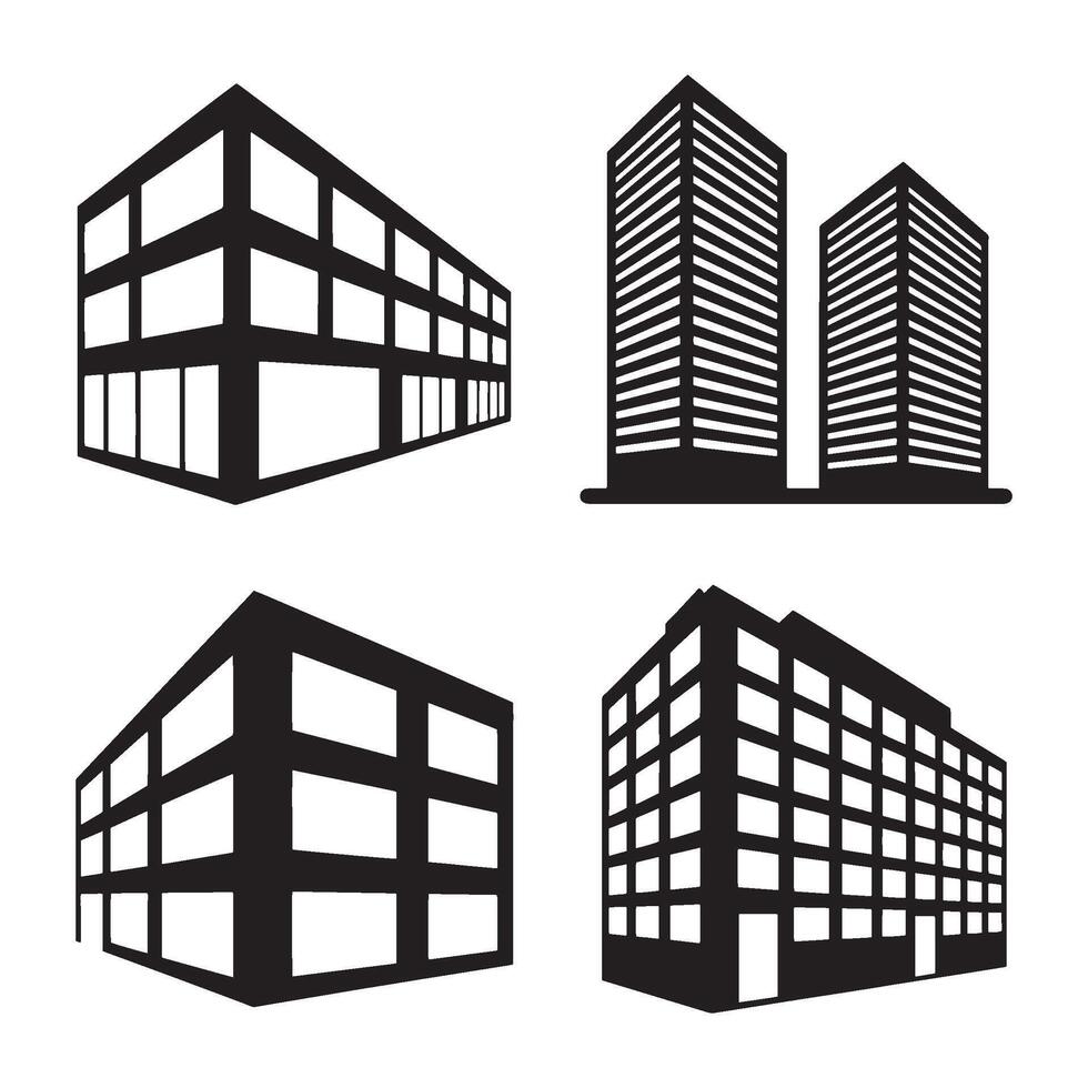 Striking Silhouette Renderings of Modern Urban Buildings and Skyscrapers Displaying Architectural Design in Black and White Format with Strong Contrasts vector