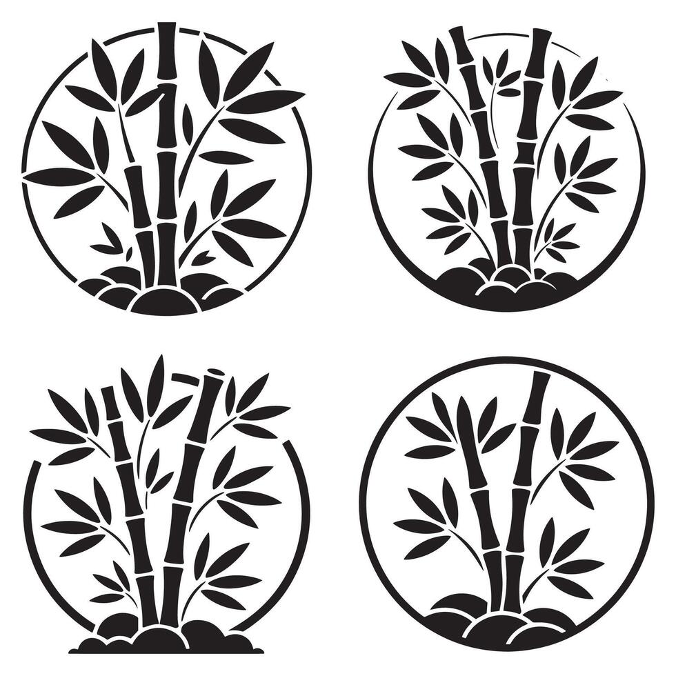 Four Black and White Bamboo Designs in Circular Frames Depicting Natural Simplicity and Asian Inspired Elegance vector