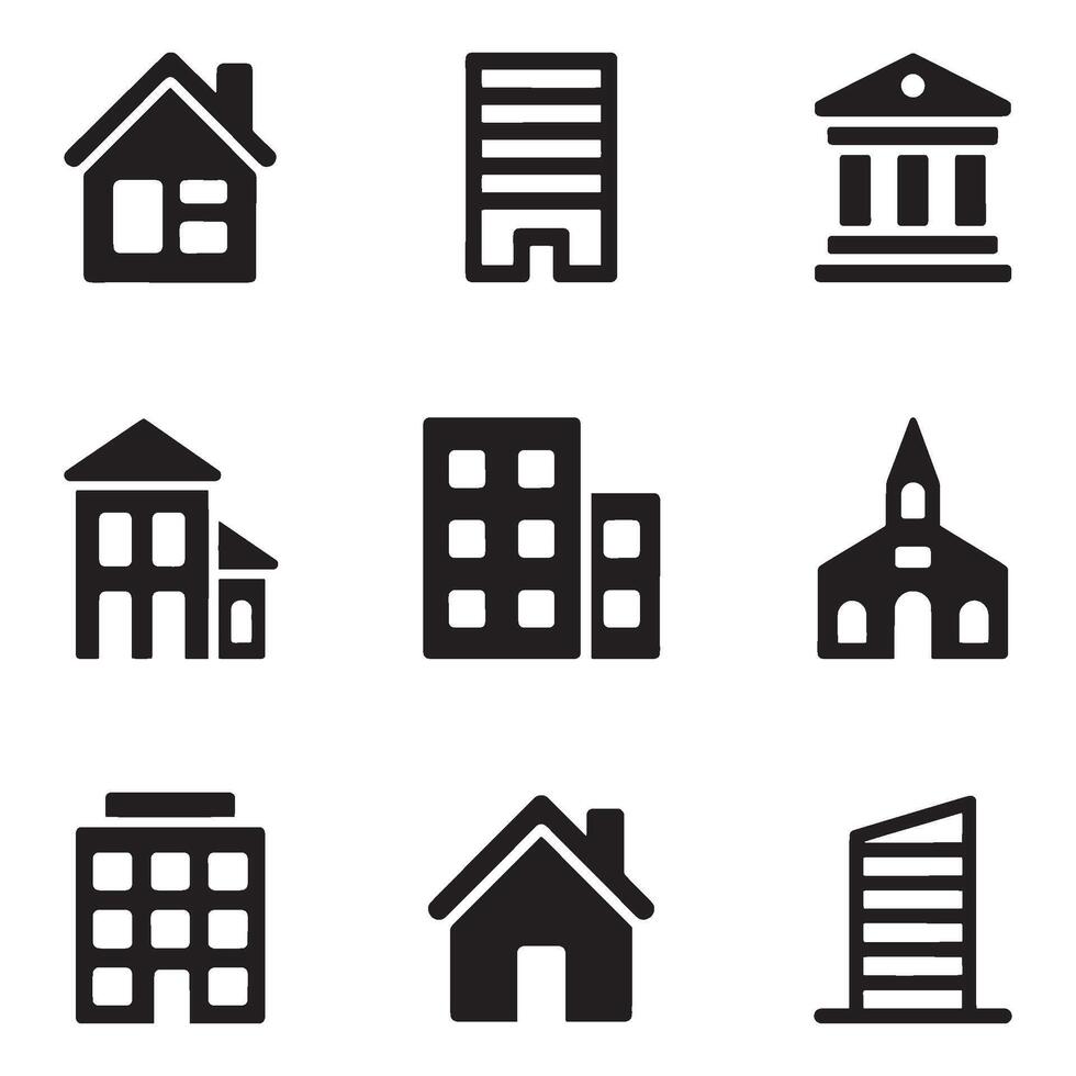 Collection of Building Icons Featuring Houses, Skyscrapers, Government Buildings, and a Church in Simple Black and White Design vector