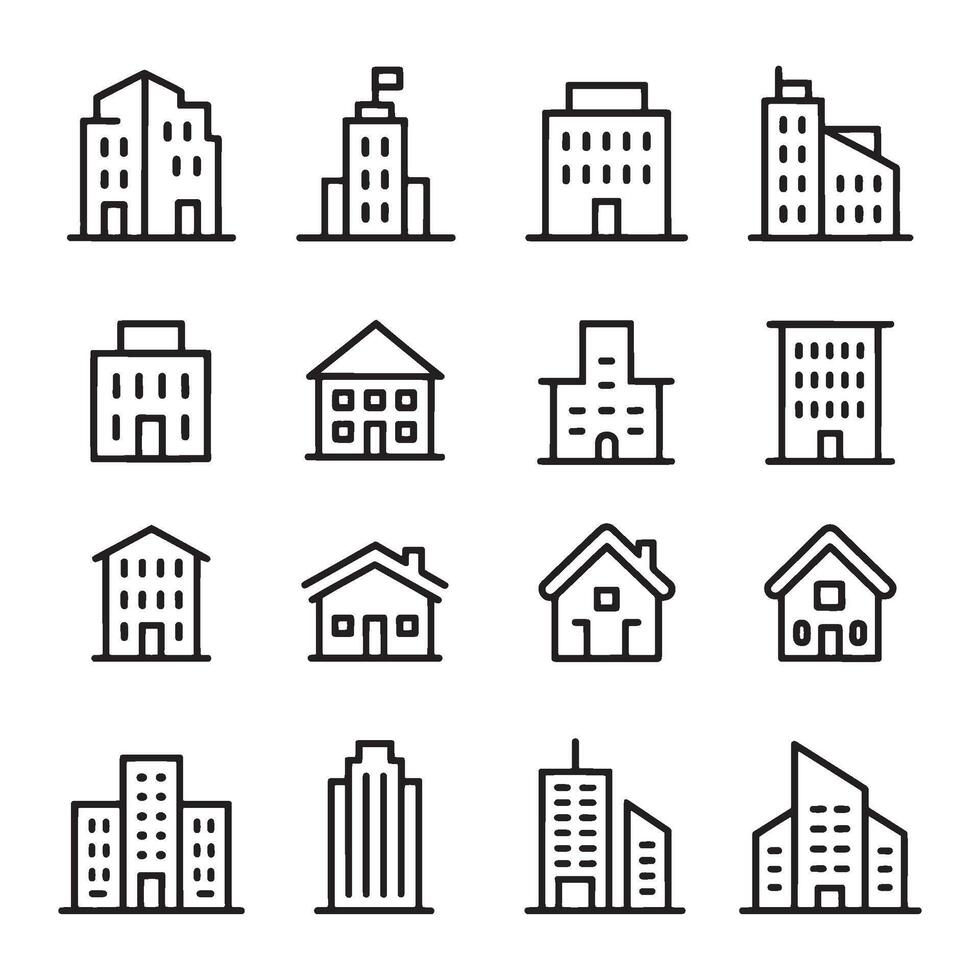 Collection of Black and White Minimalist Style Building Icons Variety of Modern Structures and Traditional Homes for Web Design and Apps vector