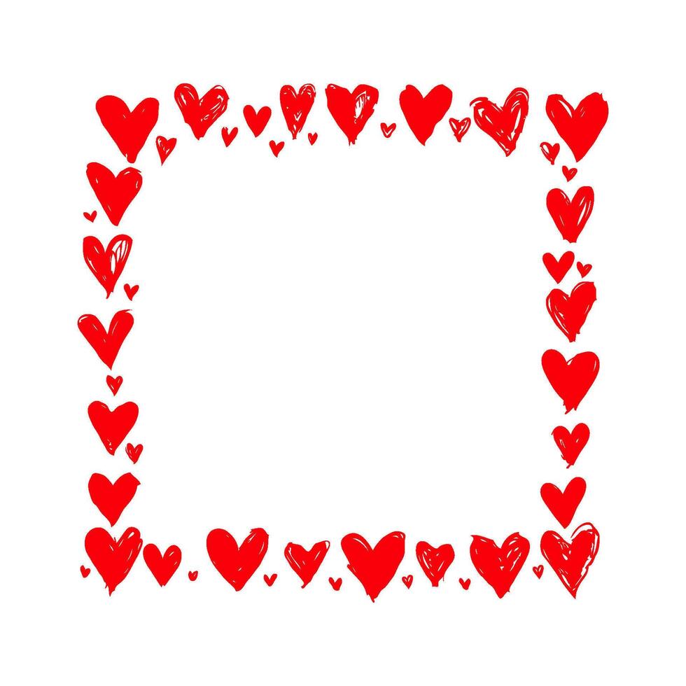 Hand-drawn red hearts forming a square border on a clean white background, creating a romantic and playful frame concept for love themes vector