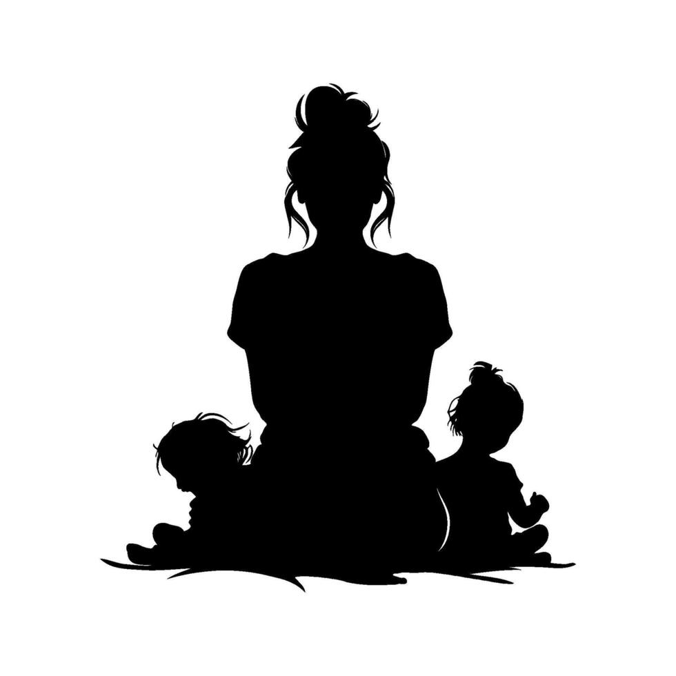Silhouette of a mother sitting with two children on a white background, symbolizing family, love, and care in a minimalist style vector