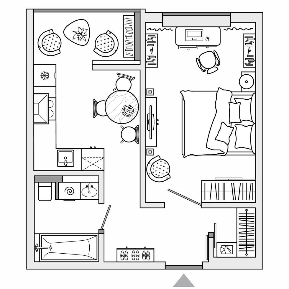Architecture plan of apartment with furniture arrangement. House floor plan. Kitchen, living room and bathroom in above. Standard home items thin line icons set. Interior design in top view vector
