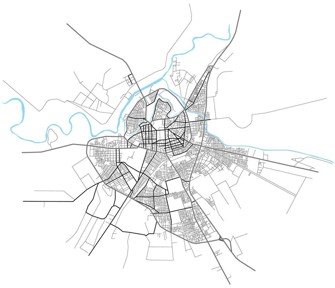 Larissa city with highways, major and minor roads, town footprint plan. City map with streets, urban planning scheme. Plan street map, road graphic navigation vector