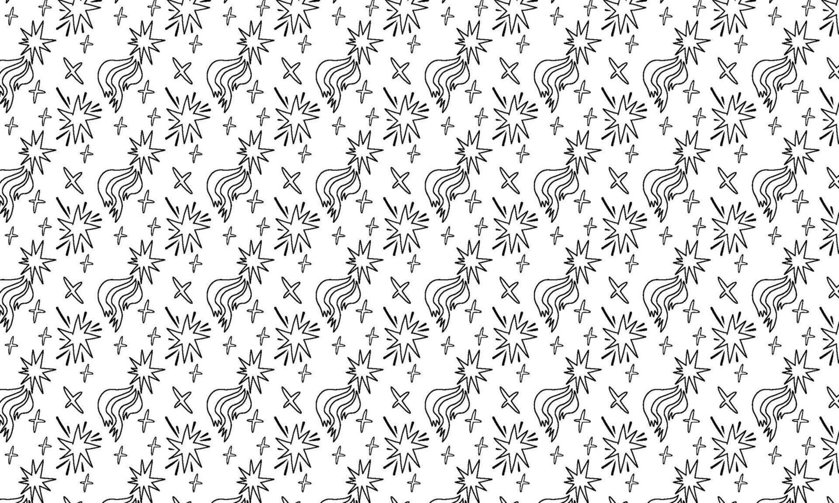 Seamless pattern with doodle stars, sparkles and comets in black outline. Great for wrapping paper, backgrounds or kids design. vector