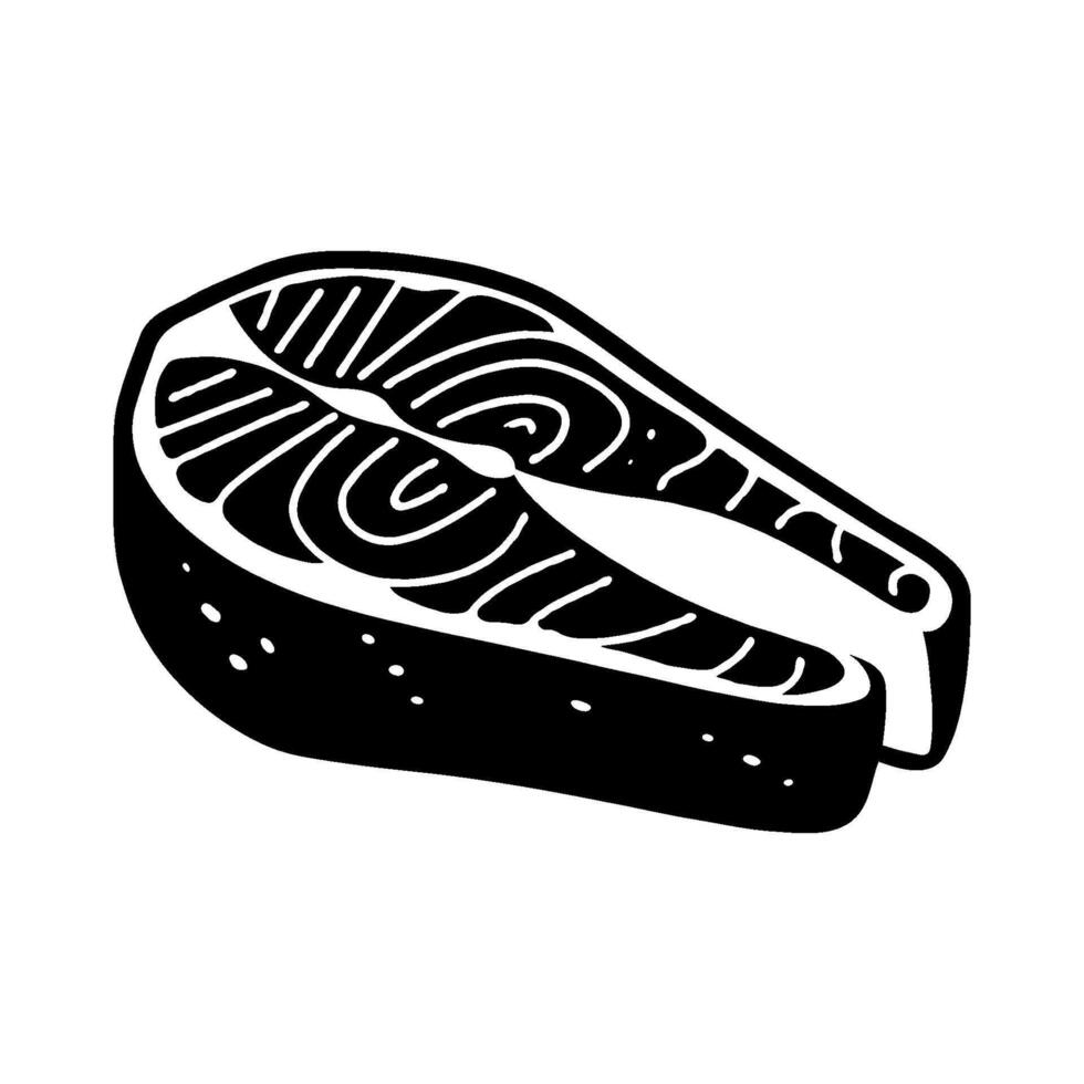 Salmon steak illustration in bold hand-drawn black and white style on white background, representing seafood or culinary themes vector