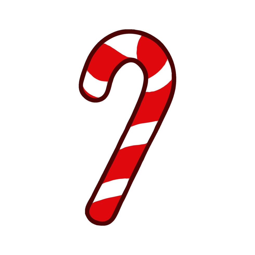 Red and white striped candy cane illustration with bold outline, flat graphic style on white background, concept of holiday and Christmas candy vector