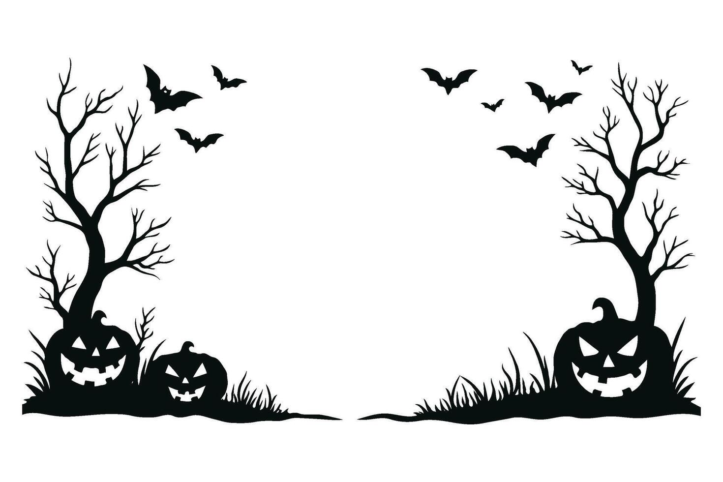 Halloween-themed silhouette border with bats, pumpkins, and leafless trees on a white background. Concept of spooky seasonal design vector