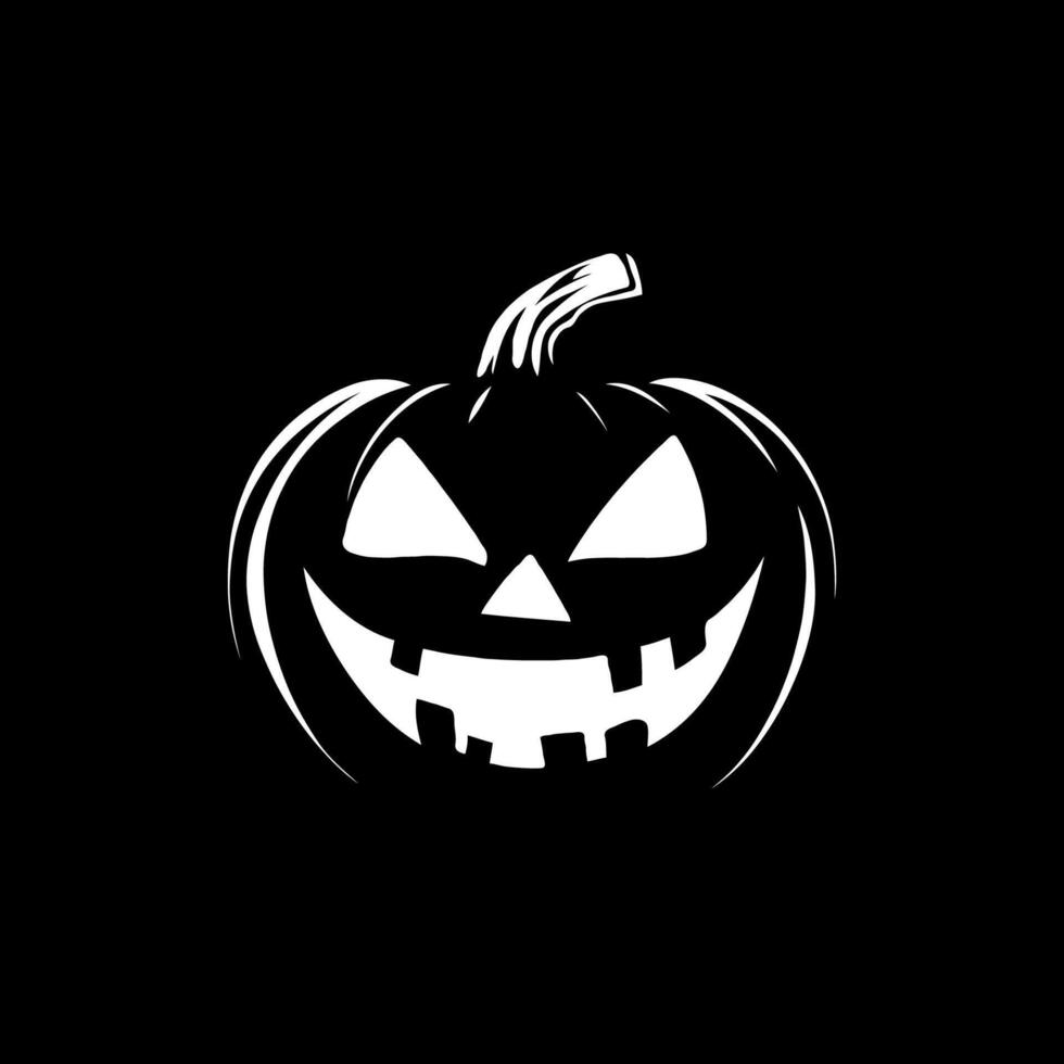 Scary grinning Halloween pumpkin with carved eyes and mouth in monochrome graphic style on a black background, symbolizing spooky celebration vector
