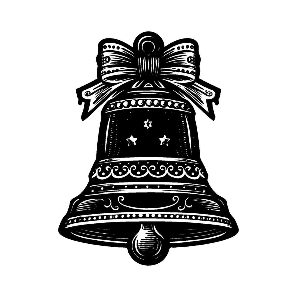 Decorative Christmas bell with ornate ribbon and star accents in detailed engraving style on clean white background, symbolizing holiday celebration vector