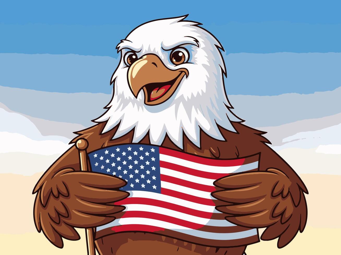 Patriotic Bald Eagle Holding American Flag with Smiling Expression. vector