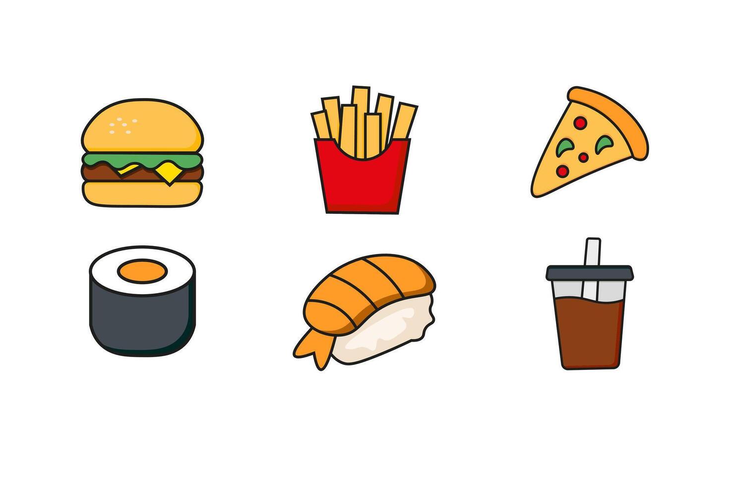 Fast food icons including burger, sushi, and pizza vector