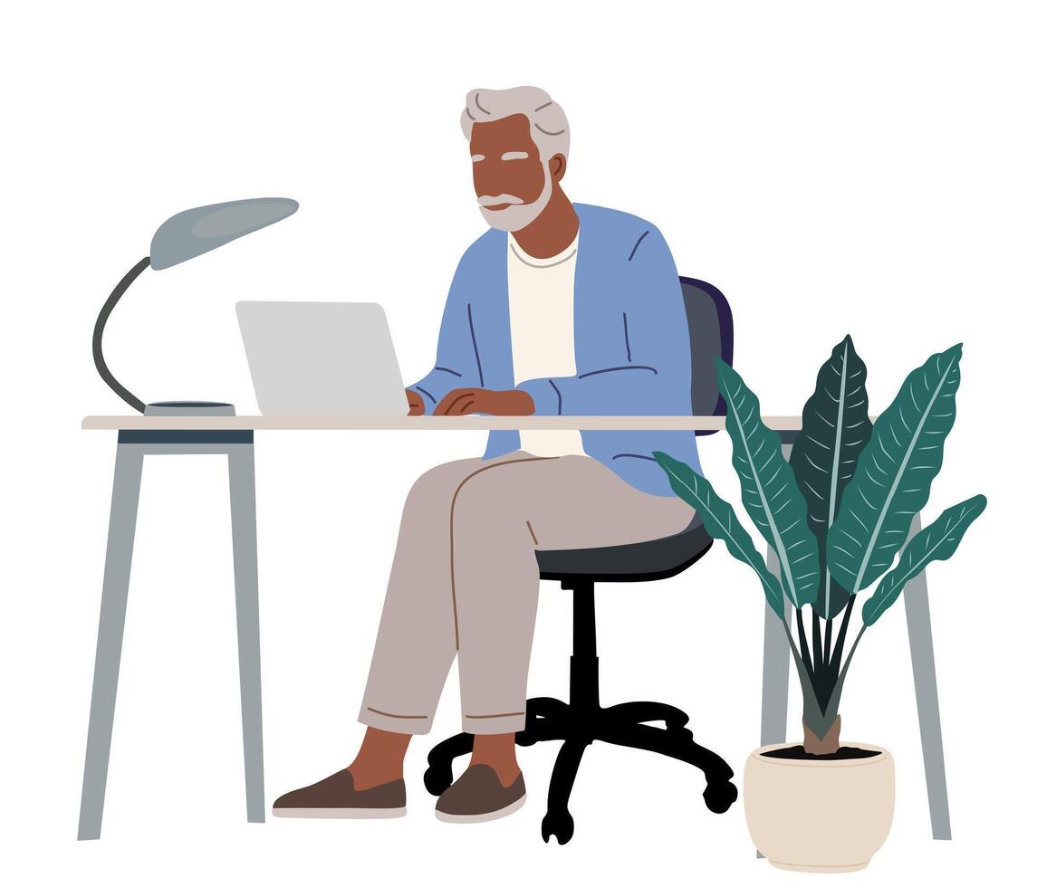 Senior man sitting at desk with laptop isolated vector