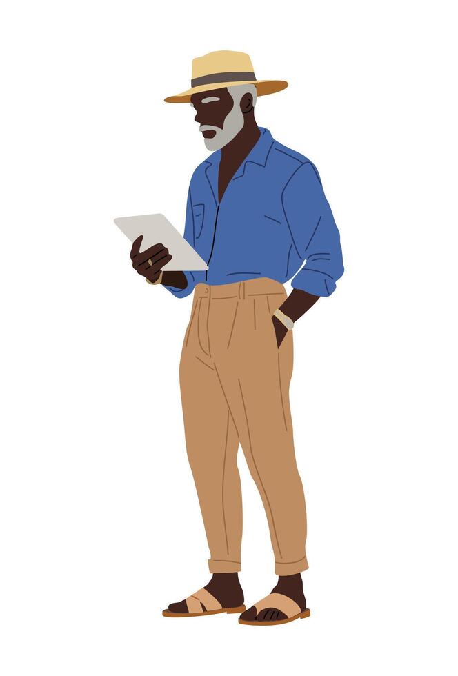 Senior Black man holding a digital tablet vector