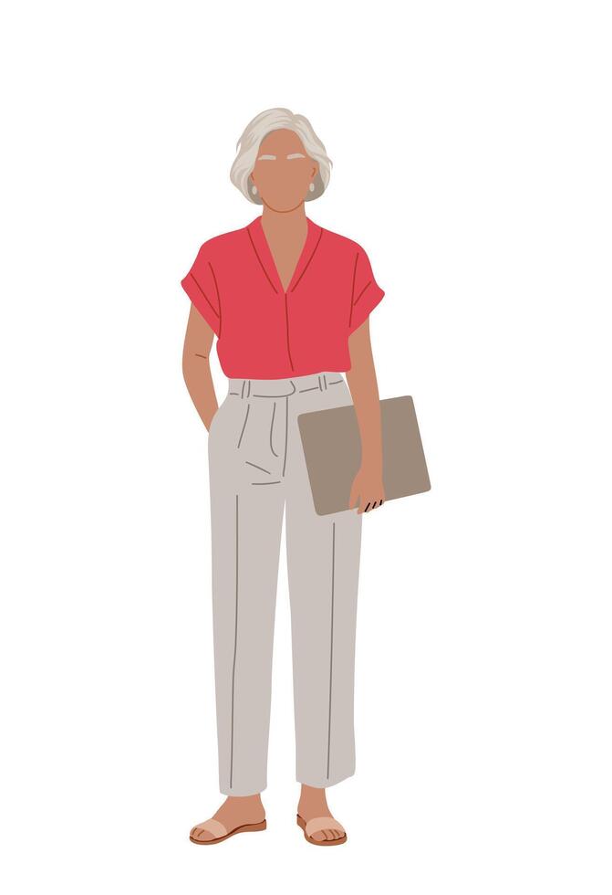 Senior woman in summer casual clothes with laptop vector